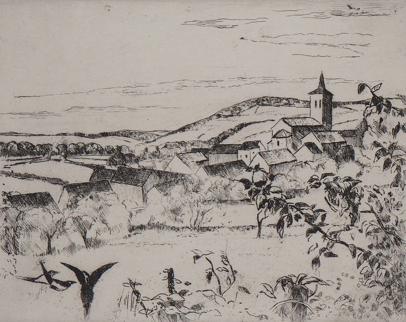 Eugene CORNEAU : Village dans les collines - Gravure