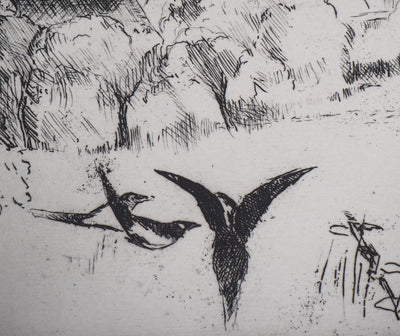 Eugene CORNEAU : Village dans les collines - Gravure (détail)