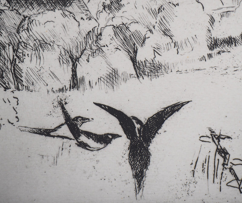 Eugene CORNEAU : Village dans les collines - Gravure (détail)