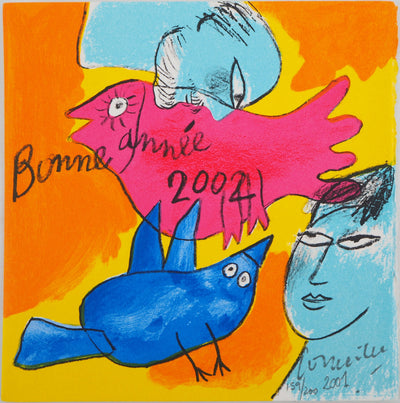 Guillaume CORNEILLE : Couple aux oiseaux, 2001 - Lithographie (détail)