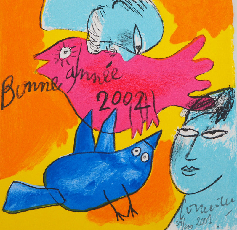 Guillaume CORNEILLE : Couple aux oiseaux, 2001 - Lithographie (détail)
