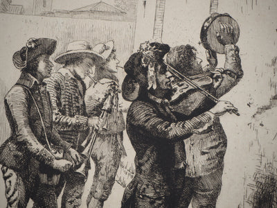 Oreste CORTAZZO : Musiciens de rue (Le pifferari) - Gravure (détail)