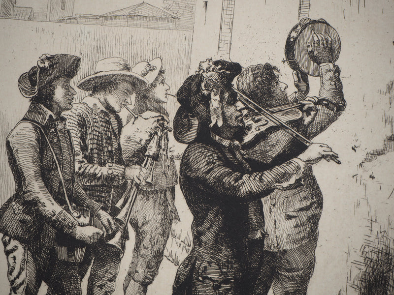 Oreste CORTAZZO : Musiciens de rue (Le pifferari) - Gravure (détail)