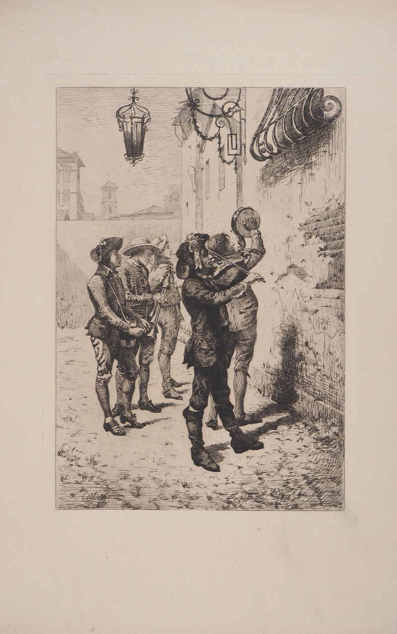 Oreste CORTAZZO : Musiciens de rue (Le pifferari) - Gravure (détail)