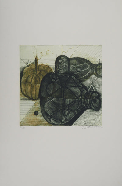 Brigitte COUDRAIN : Nature morte aux bouteilles - Gravure