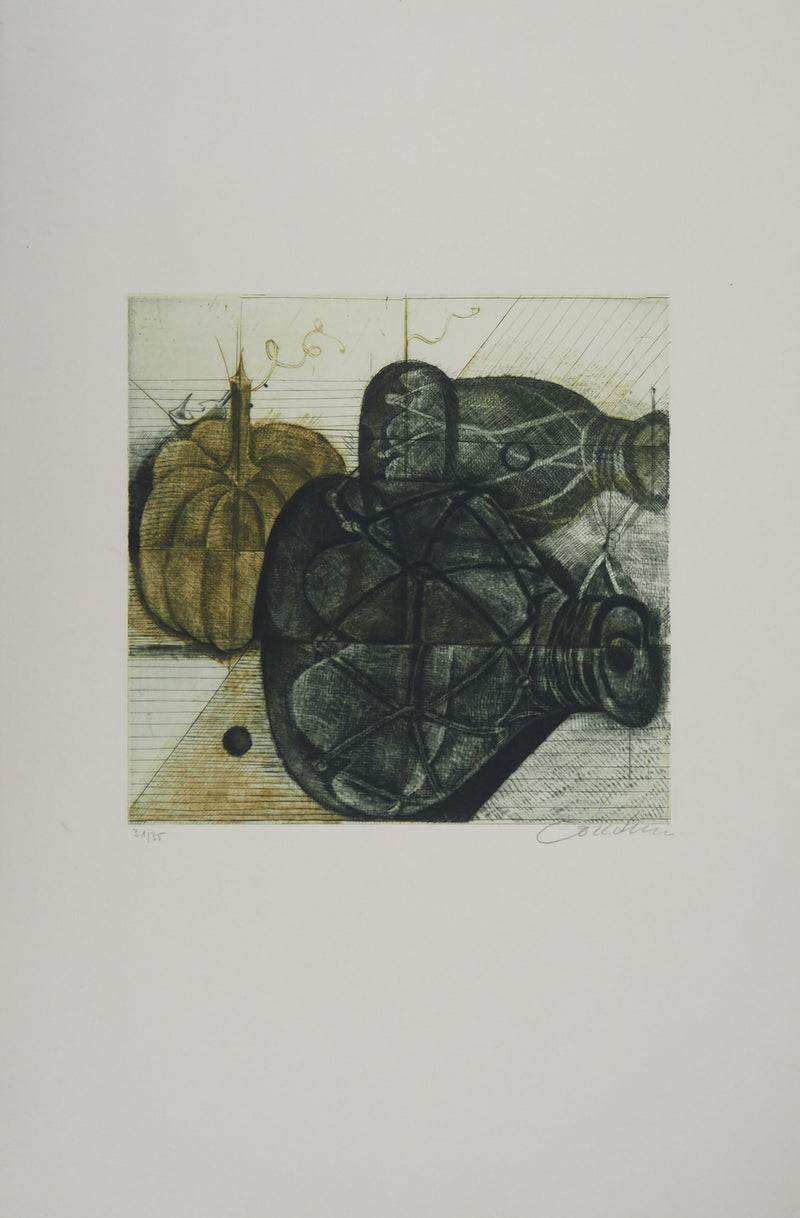 Brigitte COUDRAIN : Nature morte aux bouteilles - Gravure