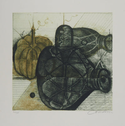 Brigitte COUDRAIN : Nature morte aux bouteilles - Gravure (détail)