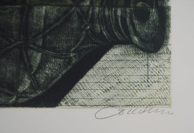 Brigitte COUDRAIN : Nature morte aux bouteilles - Gravure (détail)