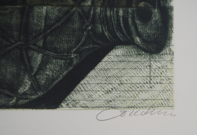 Brigitte COUDRAIN : Nature morte aux bouteilles - Gravure (détail)