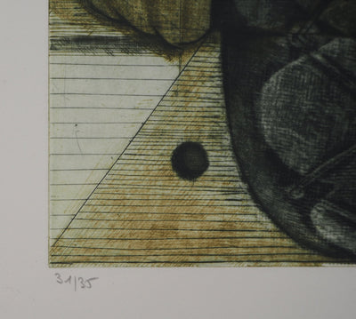 Brigitte COUDRAIN : Nature morte aux bouteilles - Gravure (détail)
