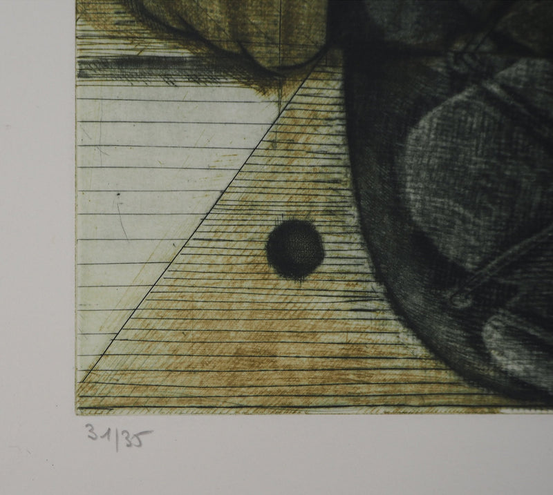 Brigitte COUDRAIN : Nature morte aux bouteilles - Gravure (détail)