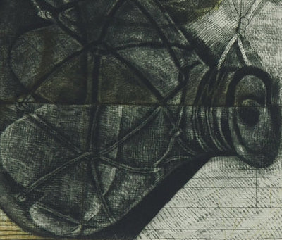 Brigitte COUDRAIN : Nature morte aux bouteilles - Gravure (détail)