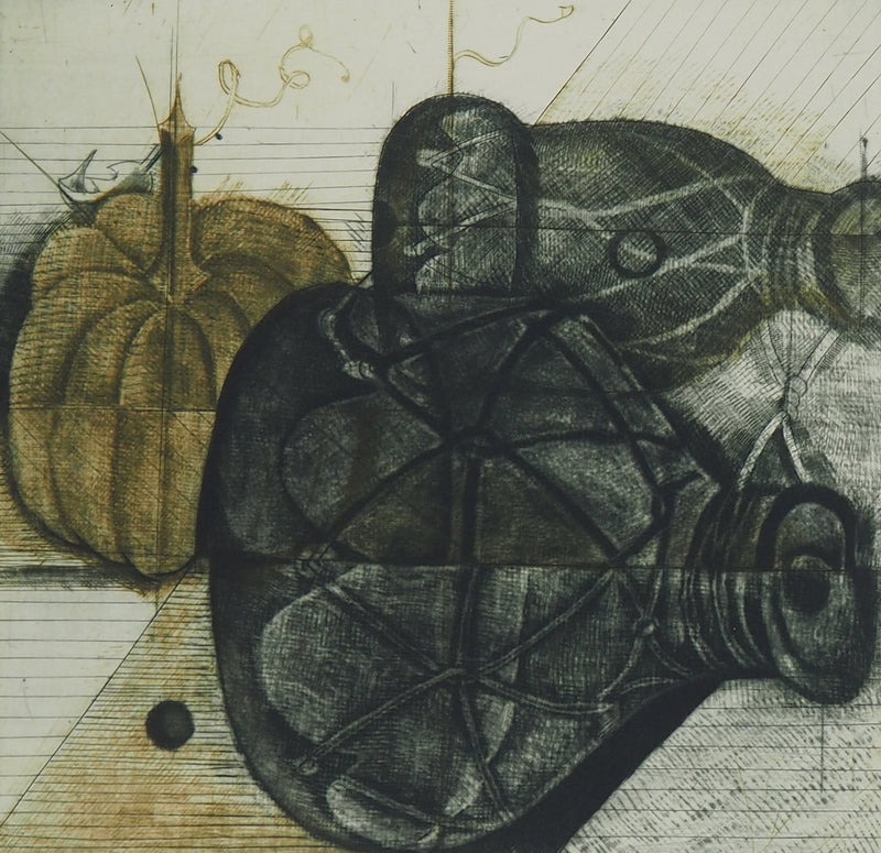 Brigitte COUDRAIN : Nature morte aux bouteilles - Gravure (détail)