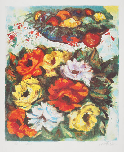 Henry Maurice D'ANTY : Bouquet de fleurs et fruits - Lithographie