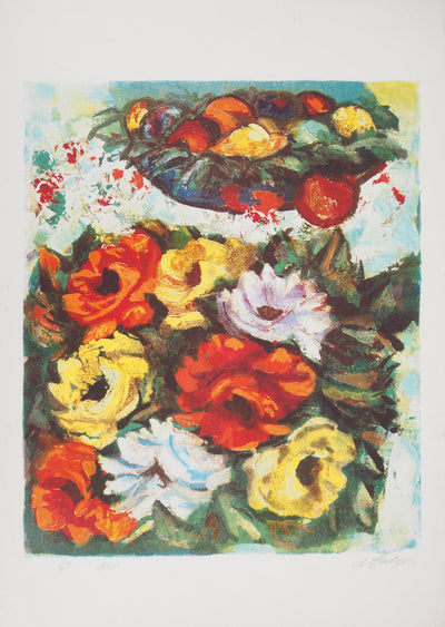 Henry Maurice D'ANTY : Bouquet de fleurs et fruits - Lithographie (détail)