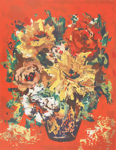 Henry Maurice D'ANTY : Vase de fleurs au fond rouge - Lithographie