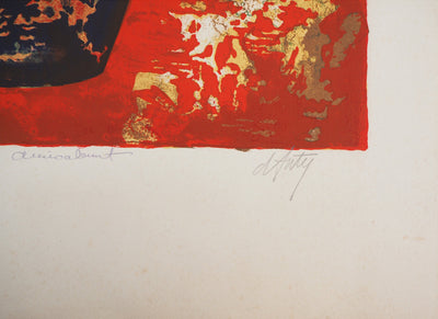 Henry Maurice D'ANTY : Vase de fleurs au fond rouge - Lithographie (détail)