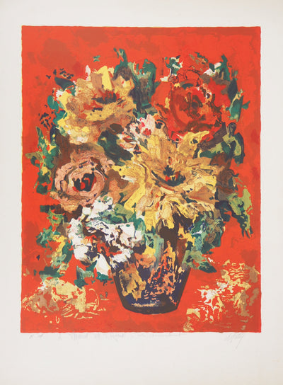 Henry Maurice D'ANTY : Vase de fleurs au fond rouge - Lithographie (détail)
