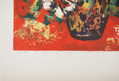 Henry Maurice D'ANTY : Vase de fleurs au fond rouge - Lithographie (détail)