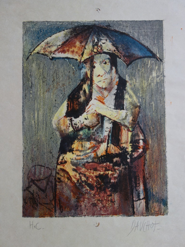 Gabriel DAUCHOT : Femme au parapluie - Lithographie