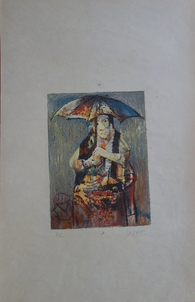 Gabriel DAUCHOT : Femme au parapluie - Lithographie (détail)