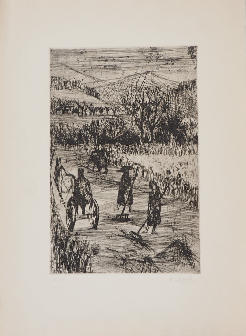 F. DAVID : La moisson - Gravure (détail)