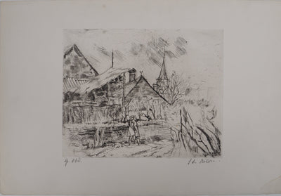 Solange DE BIEVRE : Paysage rural, vers 1970 - Gravure