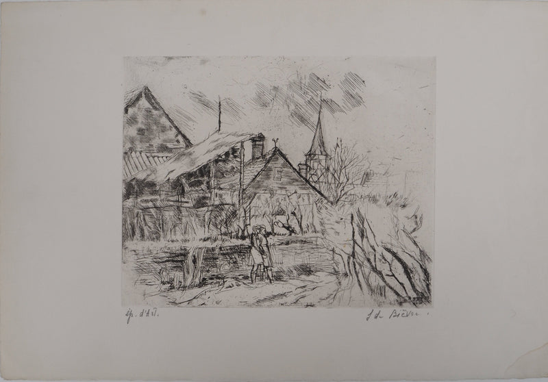 Solange DE BIEVRE : Paysage rural, vers 1970 - Gravure