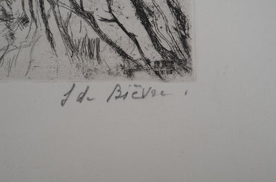 Solange DE BIEVRE : Paysage rural, vers 1970 - Gravure (détail)