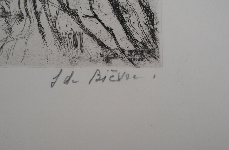 Solange DE BIEVRE : Paysage rural, vers 1970 - Gravure (détail)