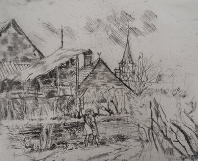 Solange DE BIEVRE : Paysage rural, vers 1970 - Gravure (détail)