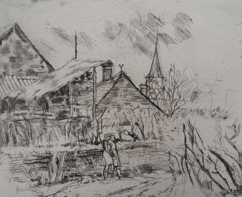 Solange DE BIEVRE : Paysage rural, vers 1970 - Gravure (détail)