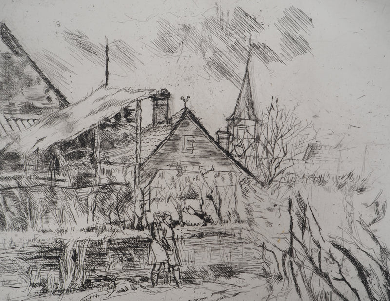 Solange DE BIEVRE : Paysage rural, vers 1970 - Gravure (détail)