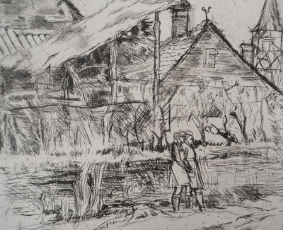 Solange DE BIEVRE : Paysage rural, vers 1970 - Gravure (détail)
