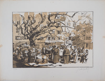 Germaine DE COSTER : Strasbourg, Place du Marché - 1929 - Gravure sur bois