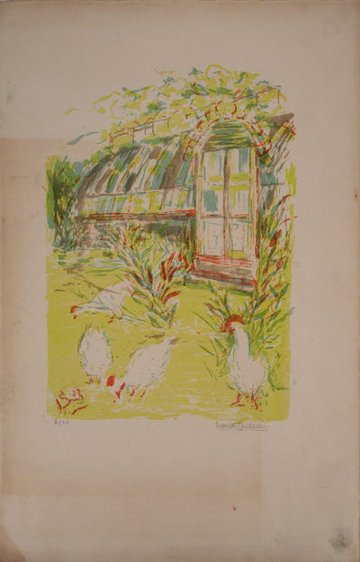 Marie-Madeleine DE COUBERTIN : La basse cour, poules et coqs - Lithographie