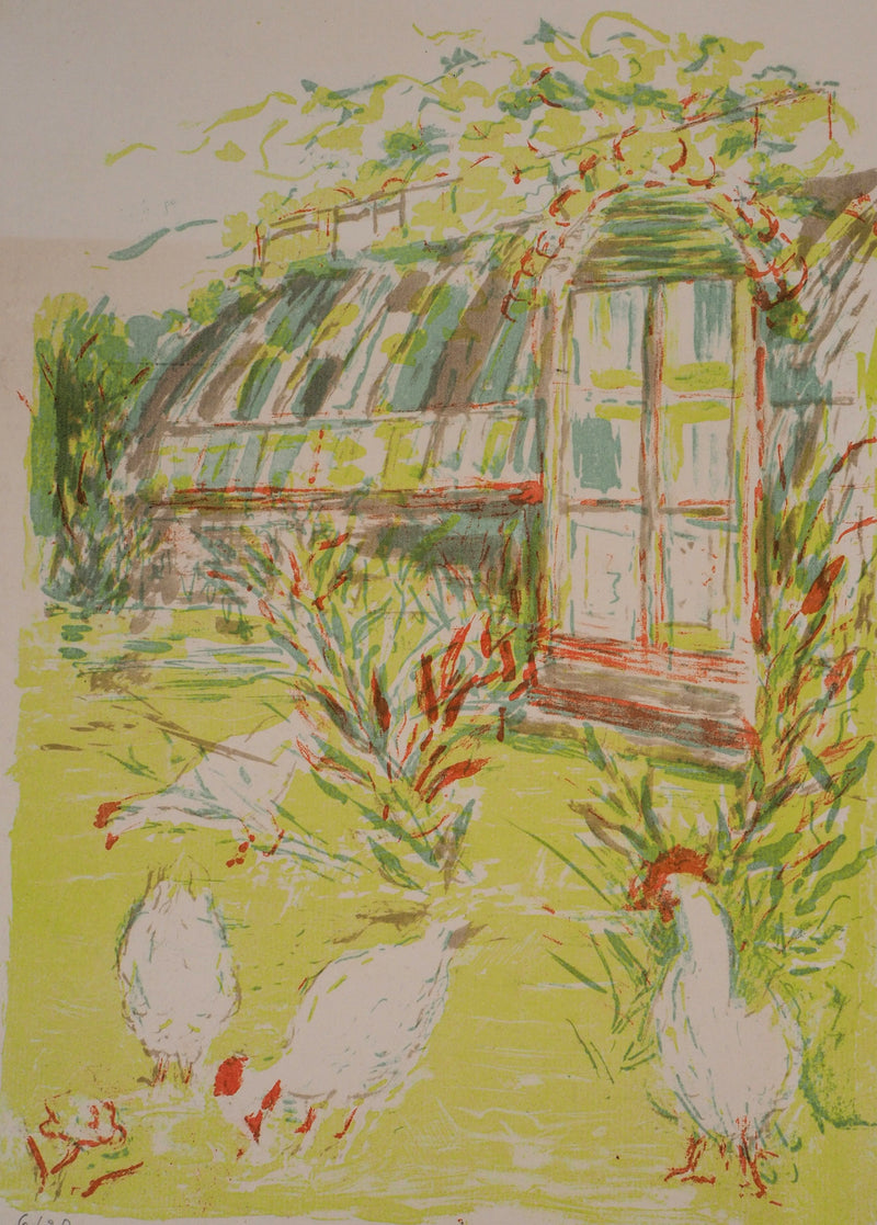 Marie-Madeleine DE COUBERTIN : La basse cour, poules et coqs - Lithographie (détail)