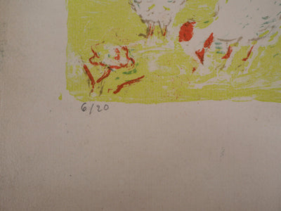 Marie-Madeleine DE COUBERTIN : La basse cour, poules et coqs - Lithographie (détail)