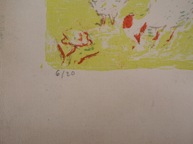 Marie-Madeleine DE COUBERTIN : La basse cour, poules et coqs - Lithographie (détail)