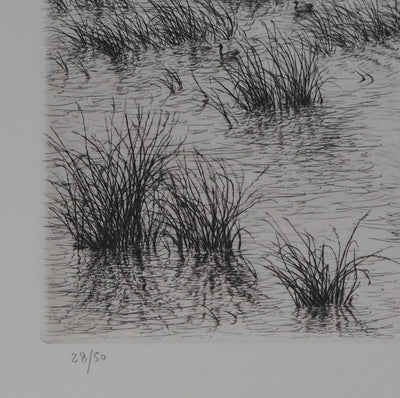 Aymar DE LEZARDIERE : Paysage inondé - Gravure (détail)