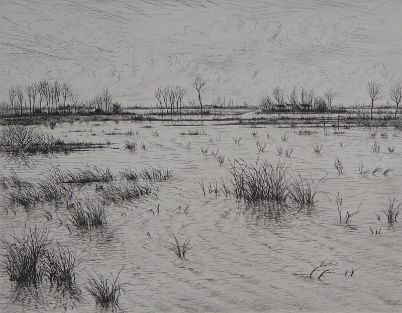 Aymar DE LEZARDIERE : Paysage inondé - Gravure (détail)