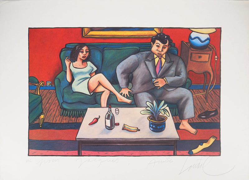 Jacques DE DE LOUSTAL : Couple au salon - Lithographie