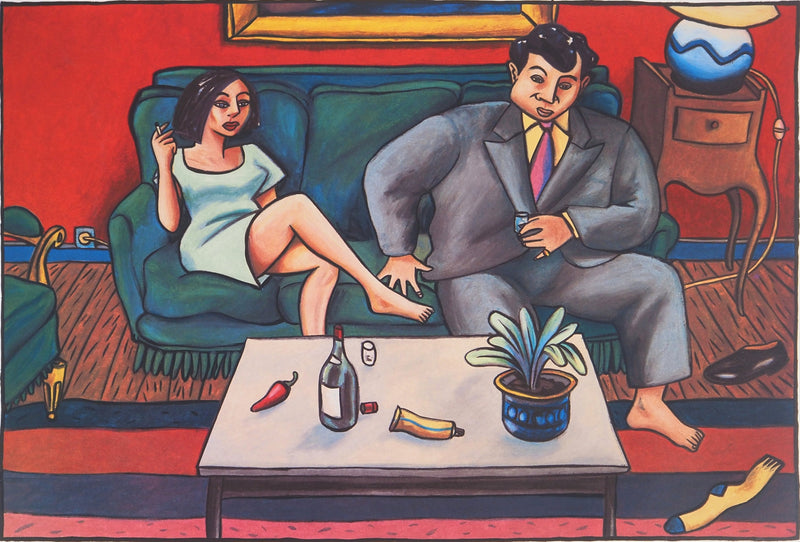 Jacques DE DE LOUSTAL : Couple au salon - Lithographie (détail)