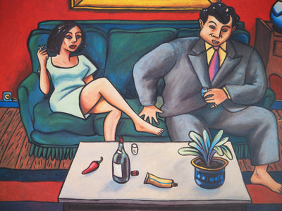 Jacques DE DE LOUSTAL : Couple au salon - Lithographie (détail)