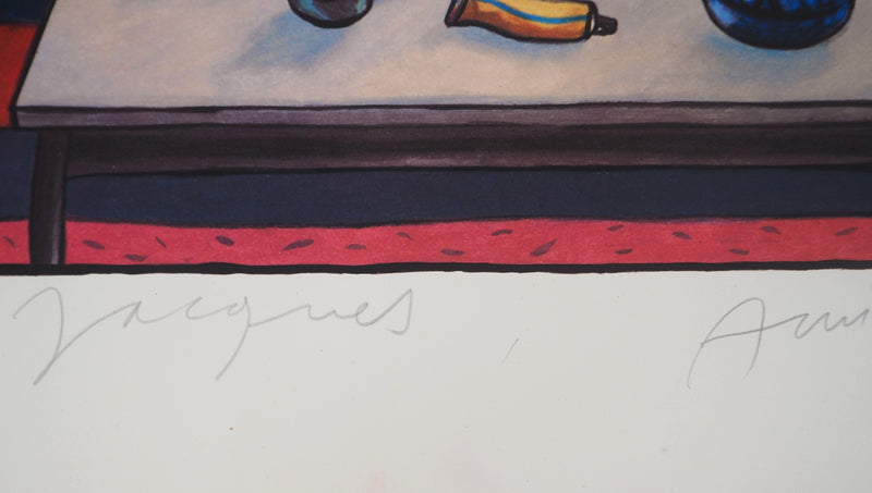 Jacques DE DE LOUSTAL : Couple au salon - Lithographie (détail)