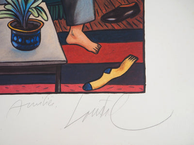Jacques DE DE LOUSTAL : Couple au salon - Lithographie (détail)