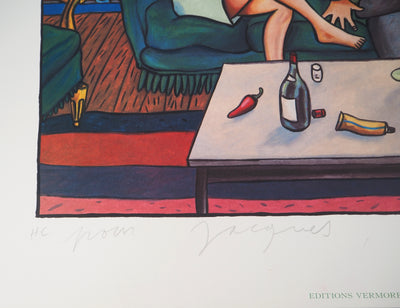 Jacques DE DE LOUSTAL : Couple au salon - Lithographie (détail)