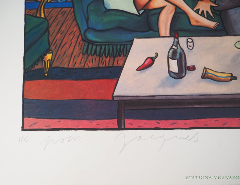Jacques DE DE LOUSTAL : Couple au salon - Lithographie (détail)