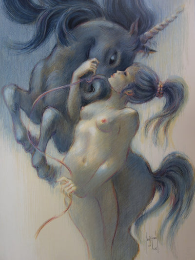 Francis DE SAINT GENIES : Jeune-fille à la licorne - Lithographie (détail)