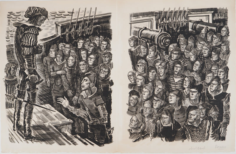 Albert DECARIS : La révolte des marins contre Colomb, vers 1955 - Gravure